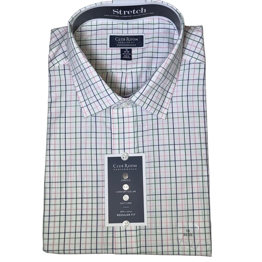 Club Room Men's Regular Fit Letto Plaid Dress Shirt Green Pink 18 34-35 $60